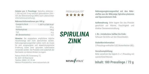 Spirulina + Zink 180 Presslinge