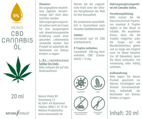 Reines CBD Cannabis-Öl 5% 20ml
