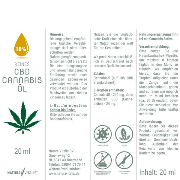 Reines CBD Cannabis-Öl 10% 20ml